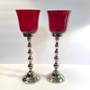 Z Gallerie Carmen 13” Red Glass & Silver Nickel Metal Votive Candleholders Set